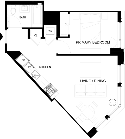 Floor plan for 1 bed, 1 bath, 551 sqft